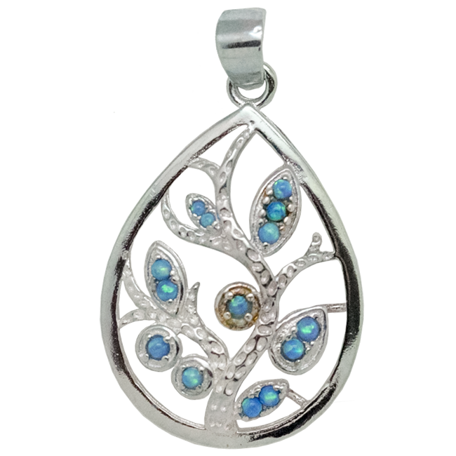 Sterling Silver and Opal Teardrop Olive Tree Pendant